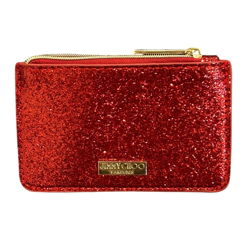 Jimmy Choo Parfums Red Glitter Zip Coin Purse Card Holder Gold Tone Logo Pouch